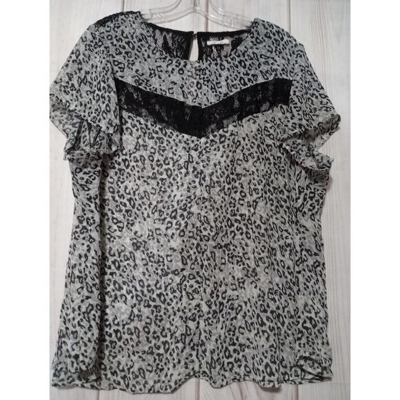 Ladies 2x Leopard Print Blouse Black Lace Detail Plus‎ Size Top - Picture 1 of 6